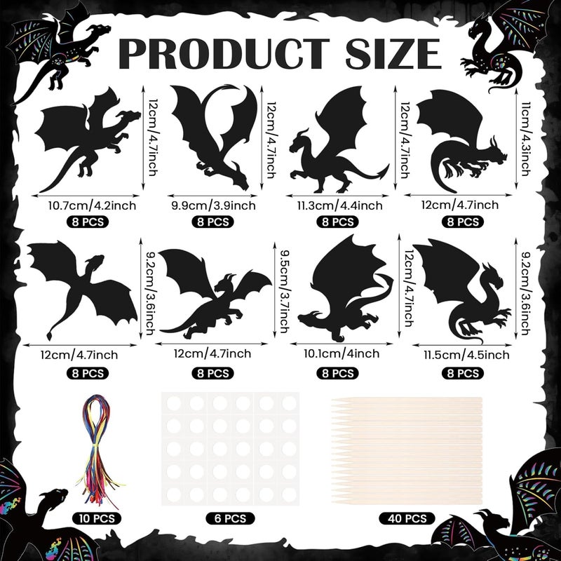 LUUFILx 80 Pcs Dragon Scratch Cards Colorful Rainbow Dragon Scratch Paper Art with Wooden Stylus for Birthday Party Classroom DIY Activities - Image 3